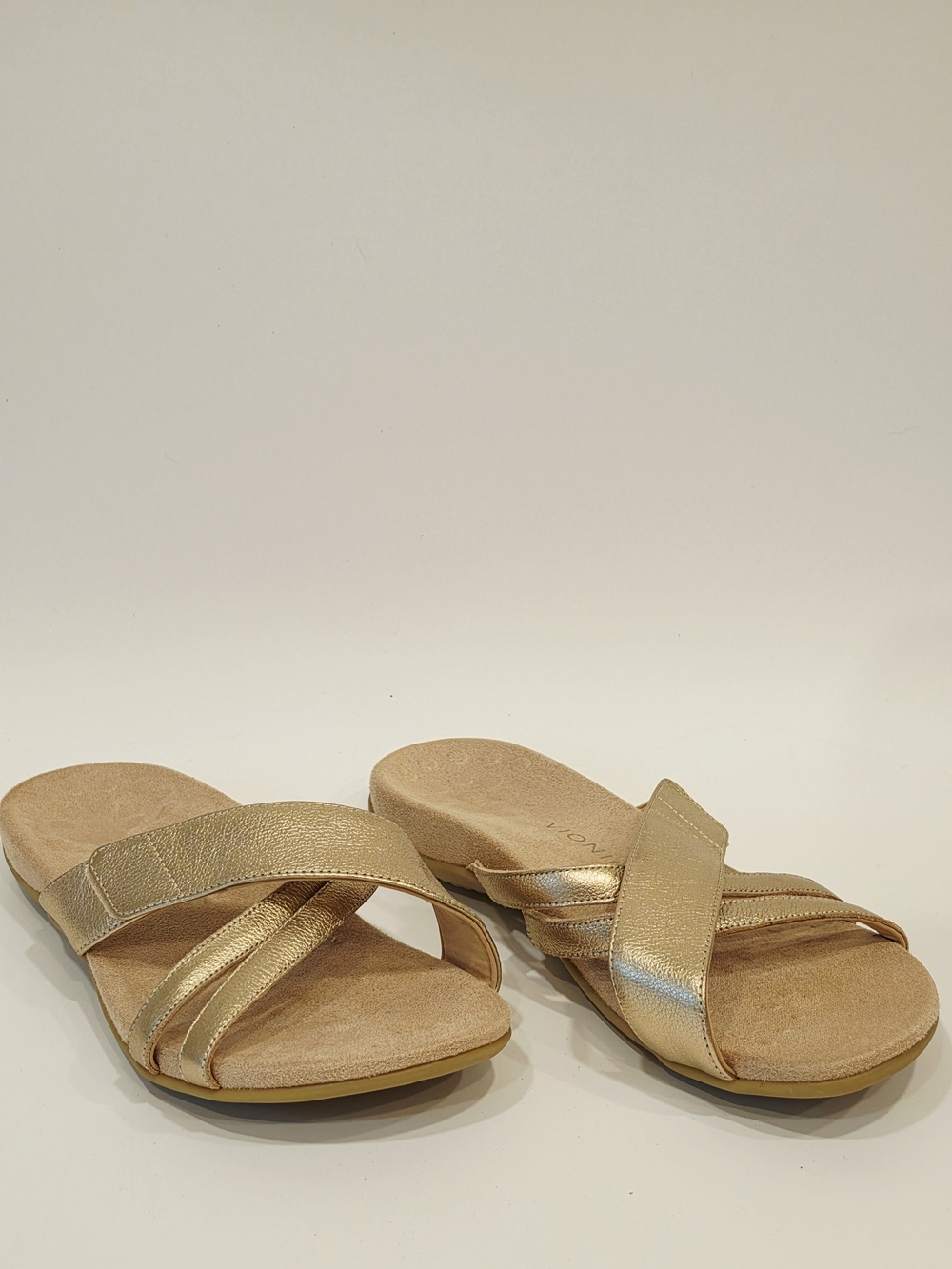 Vionic Zarie Gold Metallic Cross-Strap Slide Sandals Wide Size 12